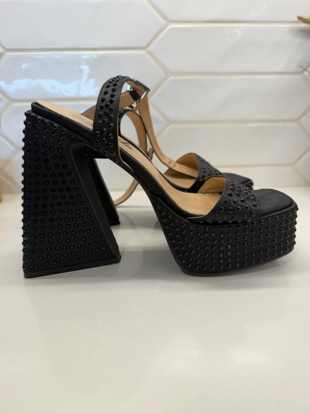 Black Rhinestone Platform Block Heels - Picture 3 of 6
